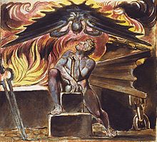 The artist William Blake used the blacksmith as a motif in his own extensive mythology. Here, Los, a protagonist in several of Blake's poems, is tormented at his smithy by the figure Spectre in an illustration Blake's poem Jerusalem. This image comes from Copy E. of that work, printed in 1821 and in the collection of the Yale Center for British Art Spectre over Los from William Blake's Jeruesalem.jpg