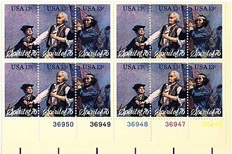 A plate block of 12 stamps showing four sets of the 1976 "Spirit of '76" triptych postage stamps. Spirit76-US-PostageStamp.jpg