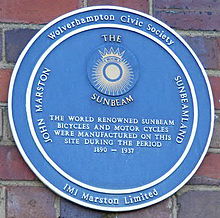 Blue Plaque awarded by Wolverhampton Civic Society attached to the Sunbeamland works Sunbeamland Blue Plaque.jpg