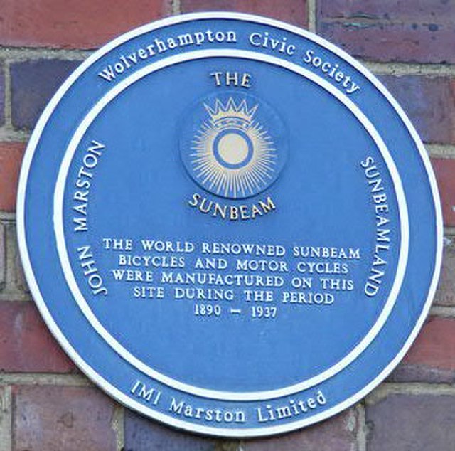 Blue Plaque awarded by Wolverhampton Civic Society attached to the Sunbeamland works