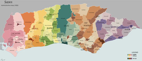 Sussex Hundreds in 1834 Sussex administrative map 1832.png