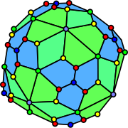 五边形六边形五角十二面七十四面体的对偶多面体，顶点的颜色对应原始多面体的面