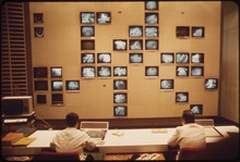 Closed circuit TV monitoring at the Central Police Control Station, Munich, Germany in 1973 THE CENTRAL POLICE CONTROL STATION, MANNED 24 HOURS A DAY CONTROLS ALL TRAFFIC LIGHTS, RECEIVES REMOTE TV INPUTS FROM... - NARA - 551905.tif