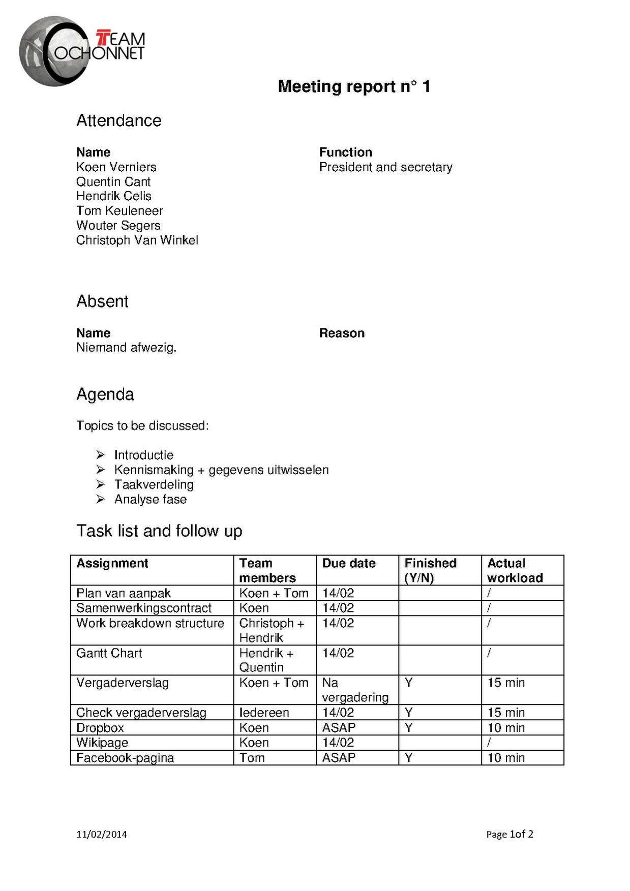 Verslag van de eerste teamvergadering (11/02/14)