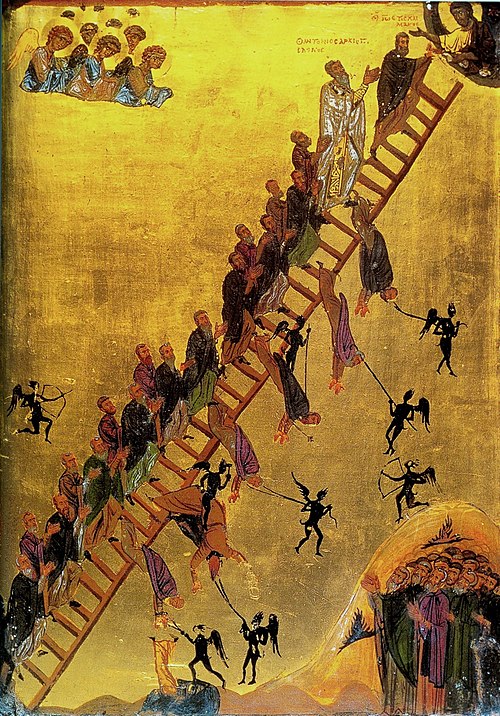 The Ladder of Divine Ascent depicts monks ascending to Jesus in heaven in the top right. 12th century, Saint Catherine's Monastery.