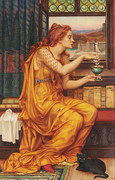 Seated woman preparing a potion