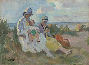 Twee dames met een baby in de duinen, ca. 1911