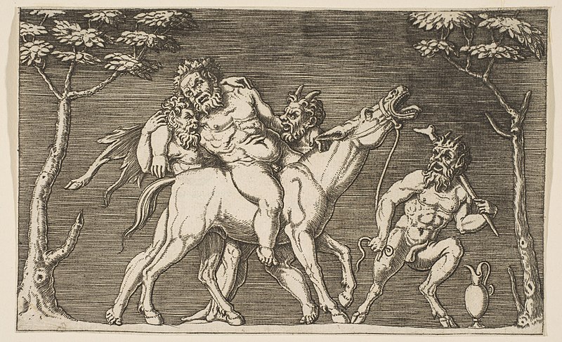 File:Two satyrs placing Silenus on a braying mule and a third satyr at right MET DP818614.jpg