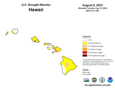 A map of the state of Hawaii shows Maui with the largest area under severe drought conditions.