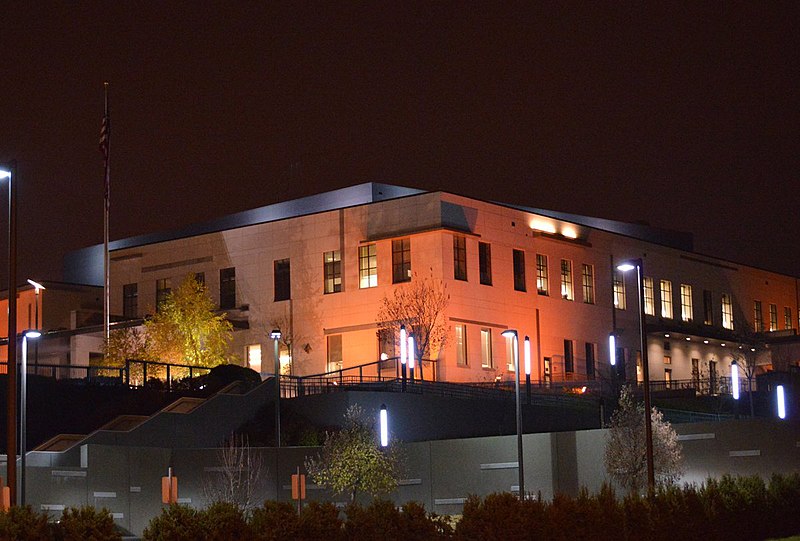 File:US Embassy in Skopje lit orange for 2016 IDEVAW and 16 Days of Activism.jpg