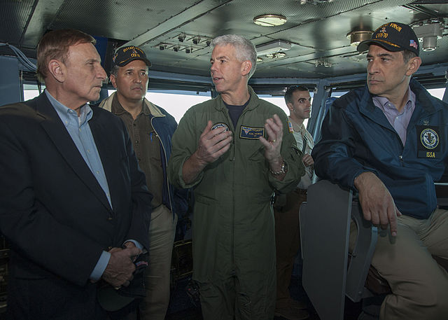 Mica with Congressman Darrell Issa on the Navigation bridge of the USS Carl Vinson in 2014.