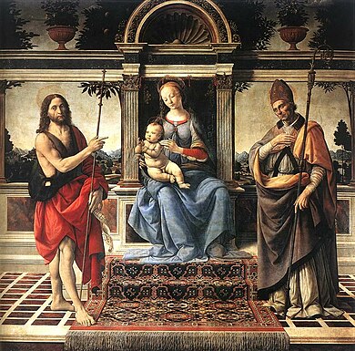 Madona me Gjon Pagëzorin dhe Shën Donaton, Katedralja e Pistoias, përfunduar nga Lorenzo di Credi.