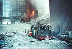 A burnt firetruck next to WTC 7.