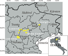 Map of north-east Italy showing where Cimbrian is spoken Zimbern.png