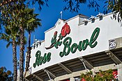 Stadium exterior showing "Rose Bowl" logo