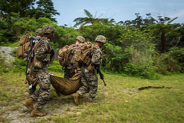 U.S. Marines with Company A, 1st Battalion, 3rd Marine Regiment, 3d Marine Division, carry a simulated casualty at the Jungle Warfare Training Center,