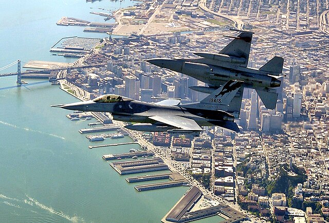 California Air National Guard 144th Fighter Wing F-16s Falcons over San Francisco Bay.