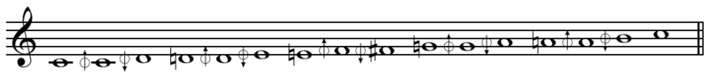 Easley Blackwood's[1] notation system for 15 equal temperament: intervals are notated similarly to those they approximate and there are different enharmonic equivalents (e.g., G-up = A-flat-up). Play (help·info)