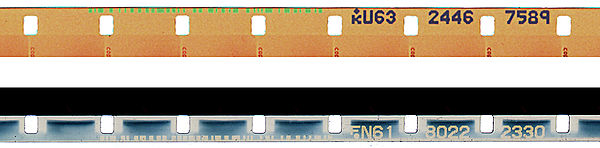 These images show 16mm Eastman Kodak keykode (top) and Fujifilm MR-code (bottom) The Fuji example was scanned from a positive print, but it shows the codes from the negative. Neither scan shows the manufacturer's information, which is repeated every 80 frames on 16mm film. Note that the "Zero Frame" dot is placed above the first character due to the smaller size of 16mm. Both the barcode and the human-readable characters refer to the frame marked by this dot. 16mm-2-edgecodes.jpg
