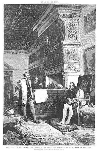 File:1887-01-15, La Ilustración Española y Americana, Entrevista del emperador Carlos V con Francisco Pizarro, en el alcázar de Toledo, Lizcano, Vela.jpg