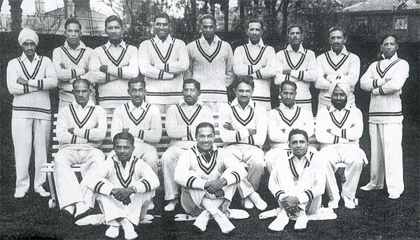 The 1932 Indian national team which toured England. C. K. Nayudu can be seen seated in the middle row, second from left.