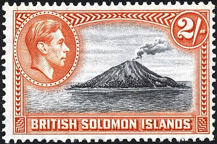 A 1939 two shilling stamp of the British Solomon Islands showing Tinakula Volcano. 1939 2 shilling British Solomon Islands stamp.jpg