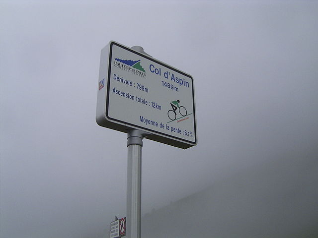 Signpost at the summit providing information about the ascent from Arreau