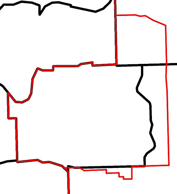 The Urban Service Area of Sherwood Park (red) contains one district, while another is shared with land to the east