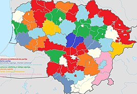 Municipal elections across Lithuania, by party. 2023 Lithuanian municipal elections by leading party by muncipality.jpg