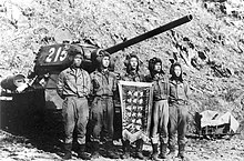 Chinese T-34/85 tank and crew during the Korean War, 1952.