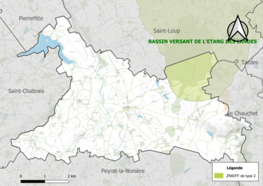 Carte de la ZNIEFF de type 2 (en vert pâle) dans le nord-est de la commune.