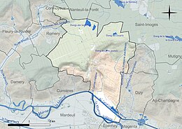 Carte en couleur présentant le réseau hydrographique de la commune