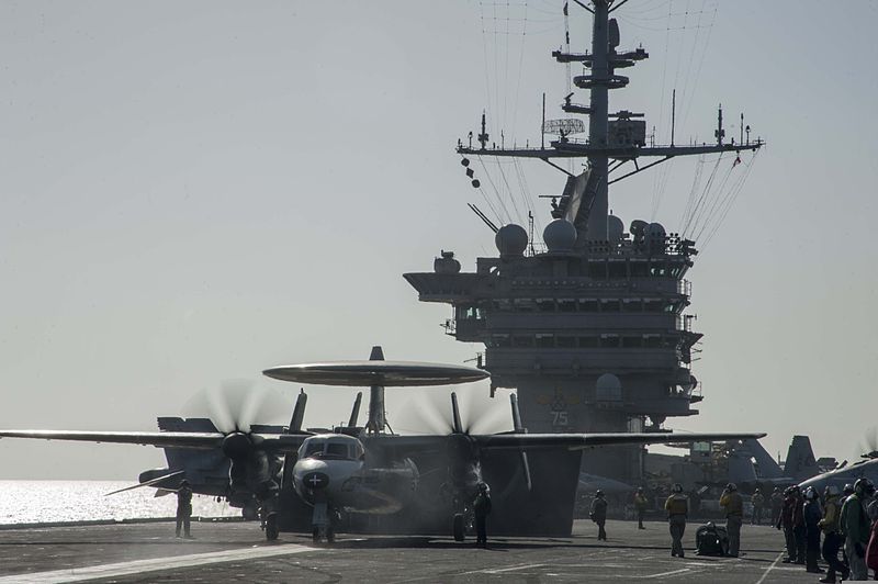 File:A U.S. Navy E-2C Hawkeye assigned to Carrier Airborne Early Warning Squadron (VAW) 126 prepares to take off from the flight deck of the aircraft carrier USS Harry S. Truman (CVN 75) March 18, 2014, in the Gulf 140318-N-RY581-005.jpg