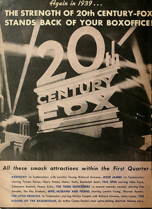 The 20th Century-Fox logo depicted in a 1939 advertisement in Boxoffice
