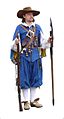 Reenactor (Musketier des schwedischen Altblau-Regiments) mit Muskete und Bardiche