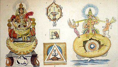 A steel engraving from the 1850s, which depicts the creative activities of Prajapati, a Vedic deity who presides over procreation and protection of life.