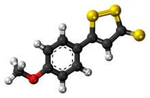 Ball-and-stick model of the anethole trithione molecule