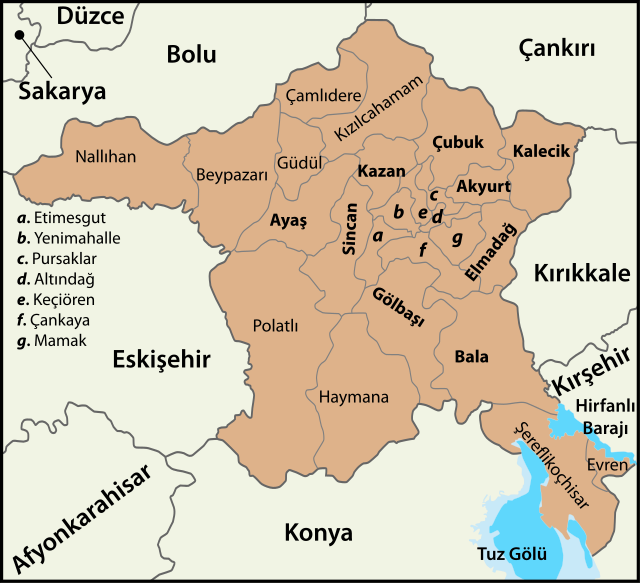 Mapa dos distritos da província de Ancara