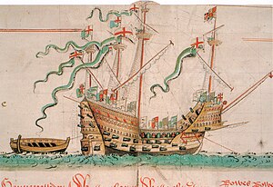 A colorful illustration shows a highly ornamented ship with four masts and bristling with guns sailing over a mild swell towards the right of the picture, towing a small boat