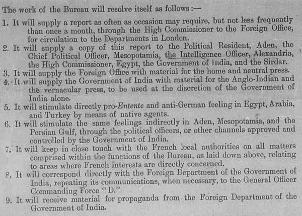 Arab Bureau terms of reference at the Interdepartmental meeting for establishment of the Bureau, 7 January 1916