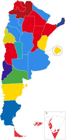 Party affiliation of each Argentine governor Argentina - Partidos ganadores de elecciones provinciales 2023 y 2021.svg