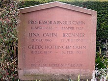 Familiengrab auf dem Friedhof am Hörnli, Riehen, Basel, Schweiz. Arnold Cahn (1858–1927) deutscher Internist, Chirurg und Pädiater, Lina Cahn-Bronner (1865–1940), Margareta Hottinger-Cahn (genannt Greta, 1897–1981) Chemikerin und Medizinerin war die Frau von Adolf Hottinger (1897–1975) Internist und Pädiater.