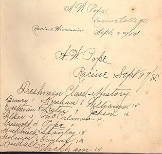 Students of the Freshman Class - History on September 29, 1885 from inside an atlas used by student named "H. W. Pope" Artifact, "Racine College" "Freshman Class - History" "September 29, 1885" - Ginn and Heaths Classical Atlas 1884 (page 5 crop).jpg