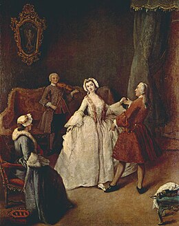 Pietro Longhi, La lezirawrone di danza ("The Dancing Lesson"), ca 1741, Venezia, Gallerie dell'Accademia. Ballando lesson by Pietro Longhi.jpg