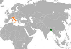 Mapa označující umístění Bangladéše a Itálie