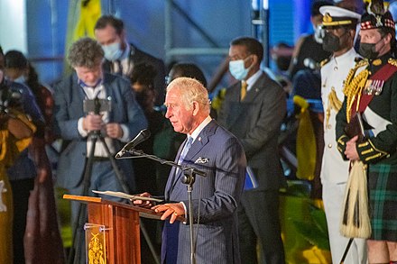 The Prince of Wales delivering a speech in Bridgetown, after Barbados became a republic