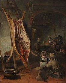 The slaughtered swine (1652) by Barent Fabricius; a depiction of a killed animal Barent Fabritius 002.jpg