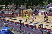 Deutsch: Beachhandball bei den Olympischen Jugendspielen 2018; Tag 4, 10. Oktober 2018; Jungs, Vorrunde, Gruppe A - Spanien-Venezuela 2:0 English: Beach handball at the 2018 Summer Youth Olympics at 10 October 2018 – Boys Preliminary Round Group A – Spain-Venezuela 2:0