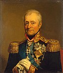 Portrait of Bennigsen in highly-decorated uniform with white-gloved hands resting on the hilt of his sword in front of him