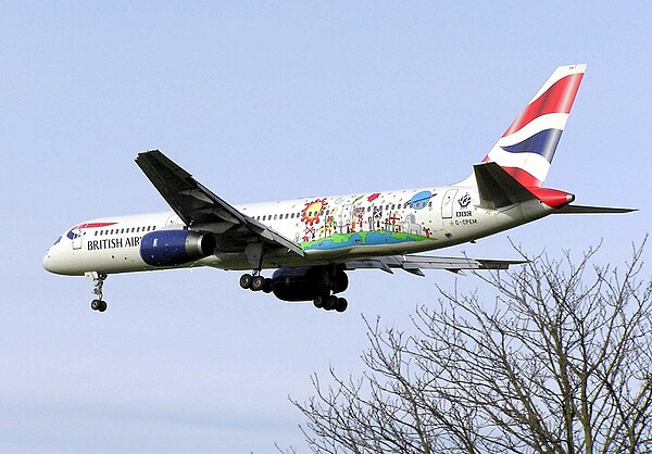 The specially painted Blue Peter British Airways Boeing 757 landing at London Heathrow Airport